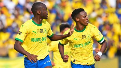 Peter Shalulile and Themba Zwane celebrate a goal in the MTN8