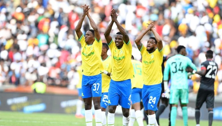 Sifiso Ngobeni with two of his Mamelodi Sundowns celebrating a goal. He is going to AmaZulu FC