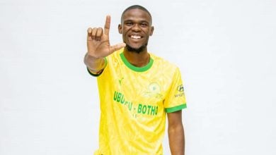 Zuko Mdunyelwa at a photoshoot after signing for Mamelodi Sundowns