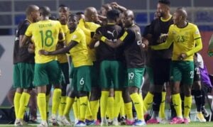 Bafana Bafana players celebrate a goal at 2023 AFCON