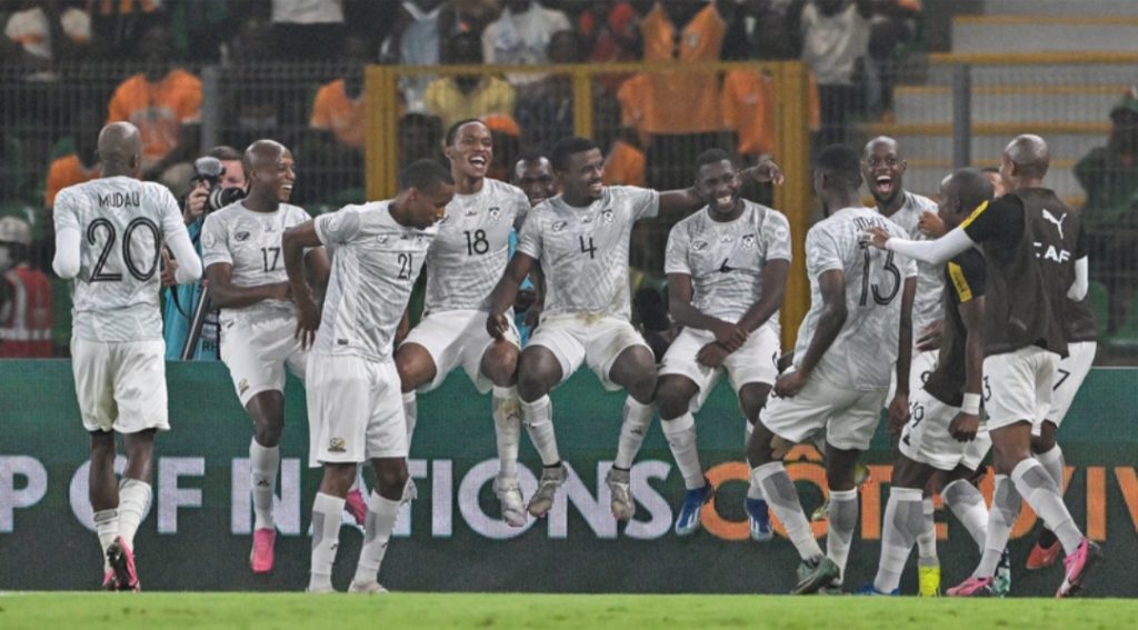 Bafana Bafana players celebrate a goal at 2023 AFCON in Ivory Coast