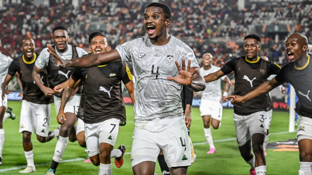 Bafana players celebrating Teboho Mokoena's goal at the AFCON 2023 finals