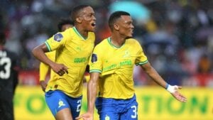 Grant Kekana and Mothobi Mvala in celebratory mood for Mamelodi Sundowns.