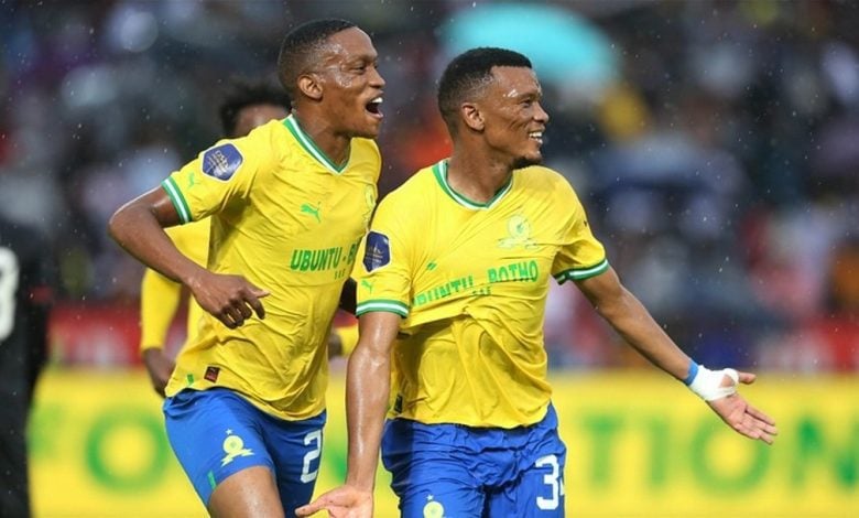 Grant Kekana and Mothobi Mvala in celebratory mood for Mamelodi Sundowns.