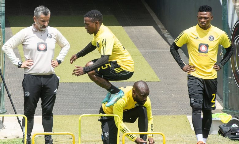 Orlando Pirates coach Jose Riveiro and his players during a training session.