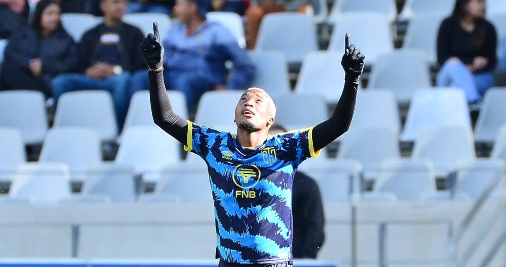 Khanyisa Mayo celebrate a goal for CT City in the DStv Premiership