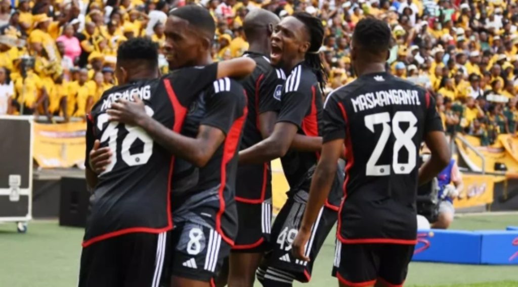 Orlando Pirates players celebrate a goal in the DStv Premiership