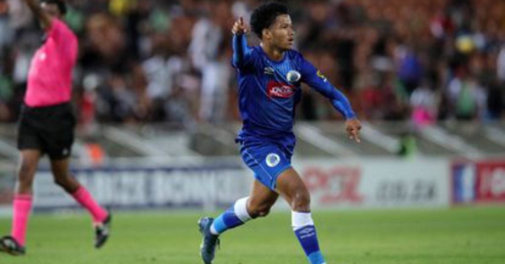 Shandre Campbell celebrates after scoring a goal for SuperSport United