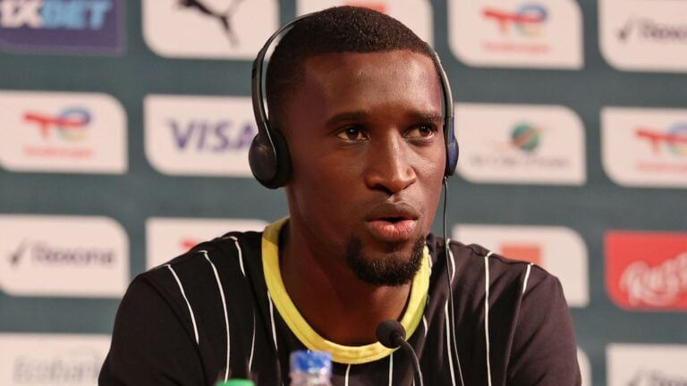 Bafana Bafana defender Siyanda Xulu addressing members of the media.