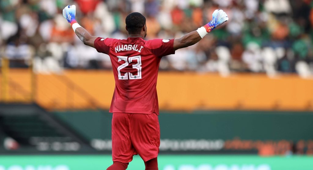 Stanley Nwabali celebrates a goal for Nigeria at 2023 AFCON