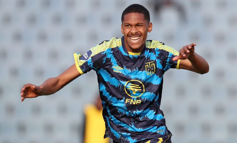 Taqhir Goedeman celebrates a goal for CT City in the DStv Premiership