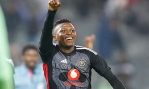 Thabiso Monyane celebrates a goal for Orlando Pirates in the DStv Premiership