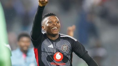 Thabiso Monyane celebrates a goal for Orlando Pirates in the DStv Premiership