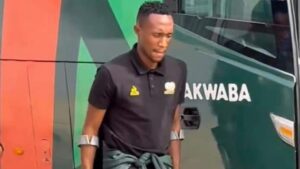 Bafana Bafana winger Thapelo Maseko on crutches walking stick.