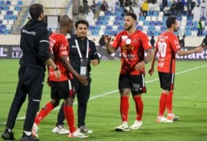 Al Riyadh players celebrating Knowledge Musona's goal