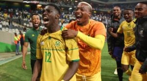 Bongokuhle Hlongwane with his Bafana Bafana teammates in celebratory mood.