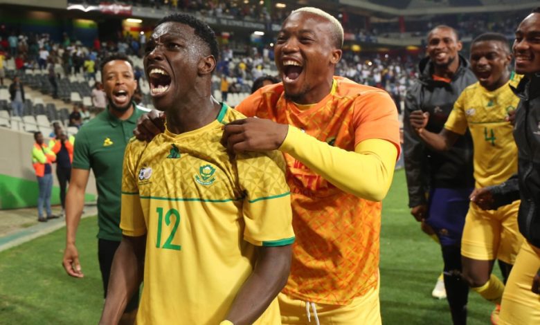 Bongokuhle Hlongwane with his Bafana Bafana teammates in celebratory mood.