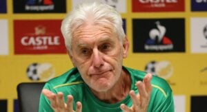 Hugo Broos addressing the media