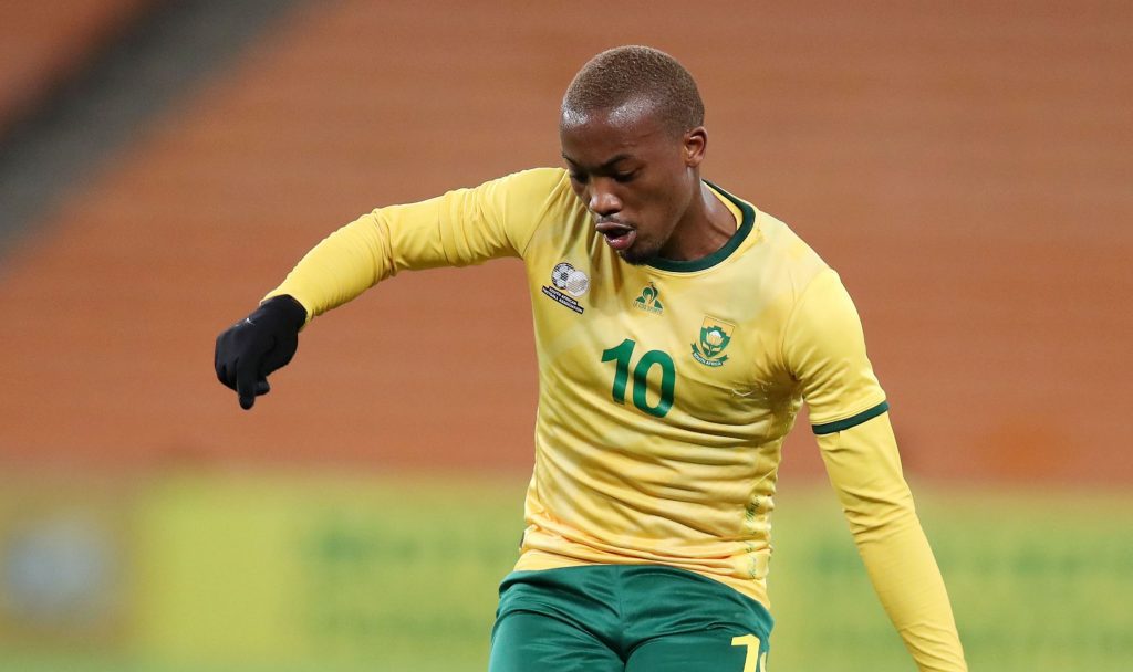 Striker Khanyisa Mayo in action for Bafana Bafana