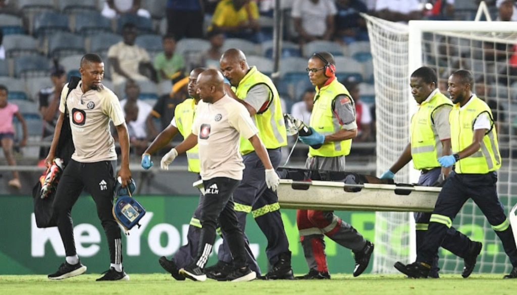 Makhehlene Makhaula taken off on a stretcher against Hungry Lions FC