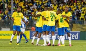 Mamelodi Sundowns players celebrate a goal during a match