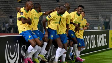 Mamelodi Sundowns players celebrate a goal in the DStv Premiership