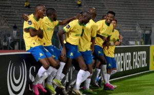 Mamelodi Sundowns players celebrate a goal in the DStv Premiership