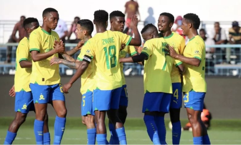 Mamelodi Sundowns players celebrate a goal during a match
