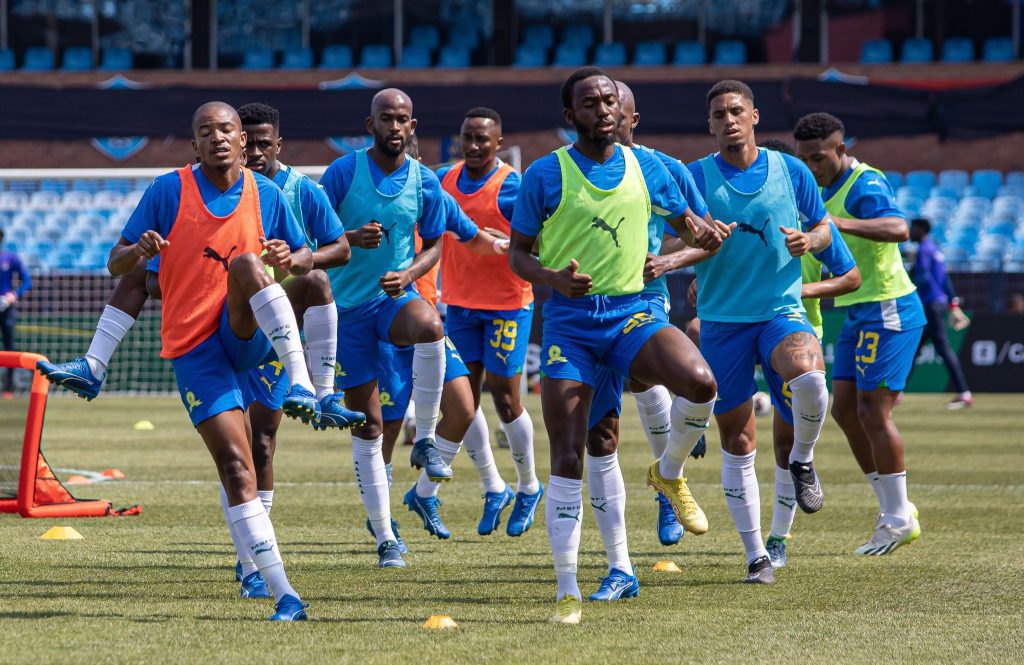 Mamelodi Sundowns players warming up in the CAF Champions League