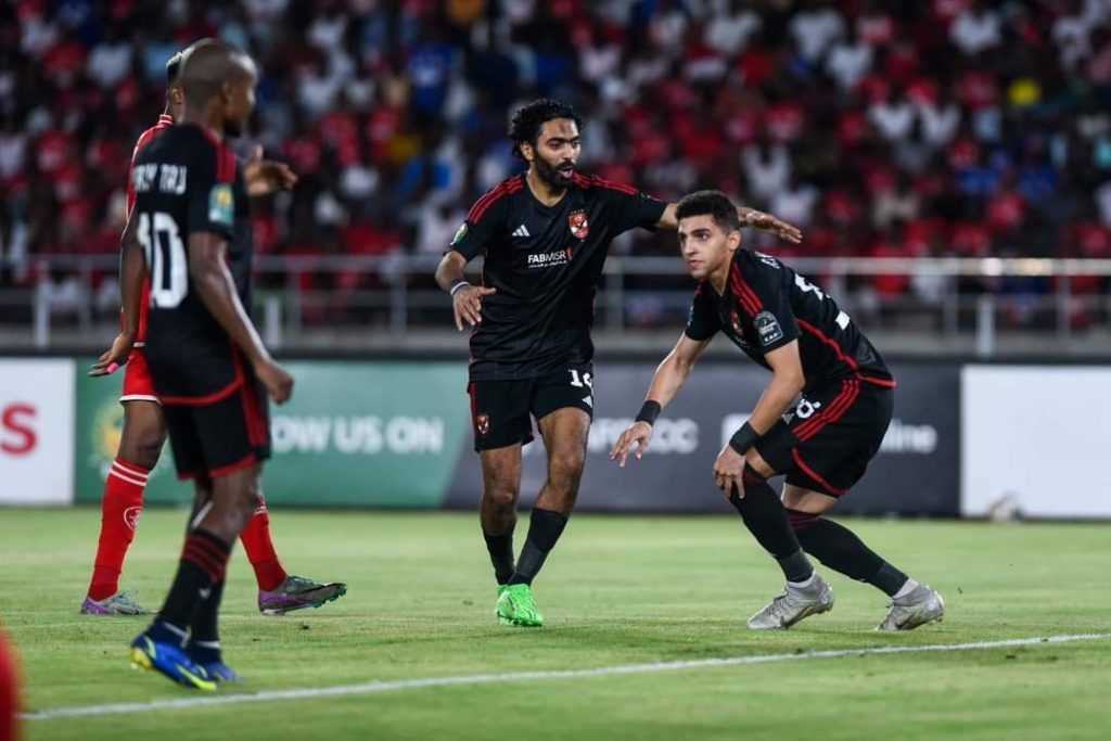 Percy Tau and his Al Ahly teammates celebrating their goal