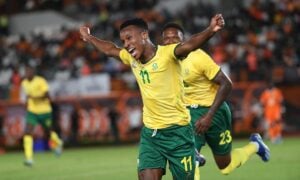 Themba Zwane celebrates a goal for Bafana Bafana