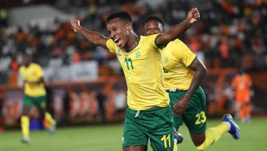 Themba Zwane celebrates a goal for Bafana Bafana
