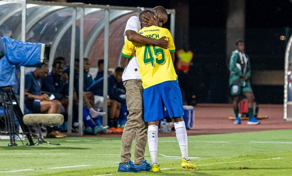 Thembinkosi Lorch and Rulani Mokwena celebrating a goal in the Nedbank Cup
