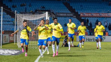Mamelodi Sundowns players celebrate in the DStv Premiership