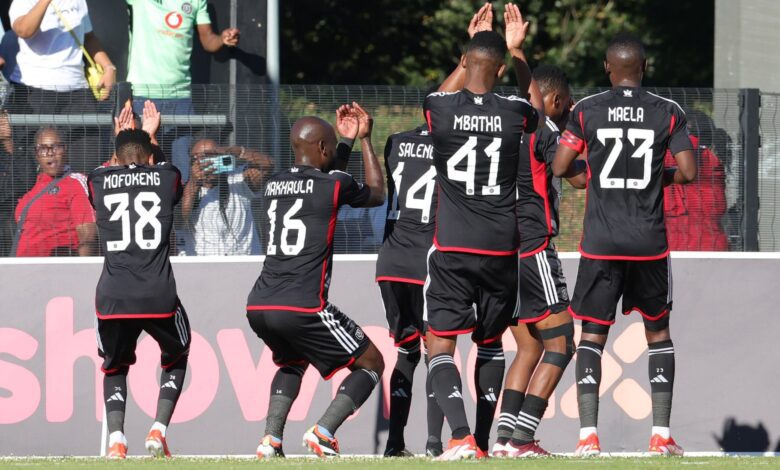 Orlando Pirates players celebrate a goal in the DStv Premiership