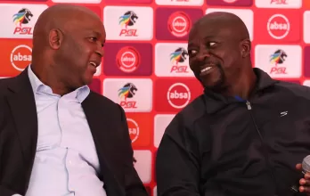 Pitso Mosimane and Kaitano Tembo during a chat during a presser