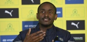 Mamelodi Sundowns head coach Rulani Mokwena addressing the media