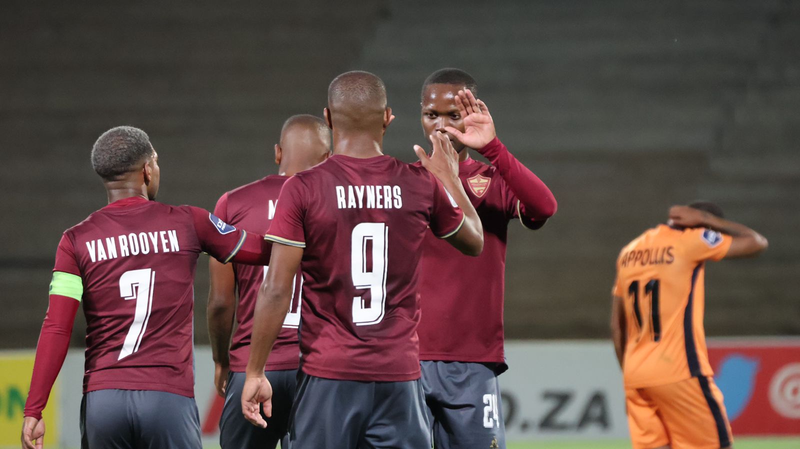 Stellenbosch FC striker Iqraam Rayners in celebratory mood with his teammates.