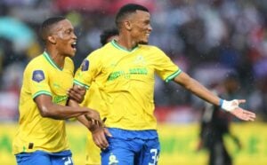Mamelodi Sundowns defenders celebrate a goal in thrle DStv Premiership