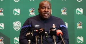Tlisane Motaung addressing the media in the Nedbank Cup