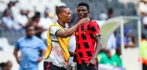 Vuyo Mere alongside his teammate in the DStv Premiership
