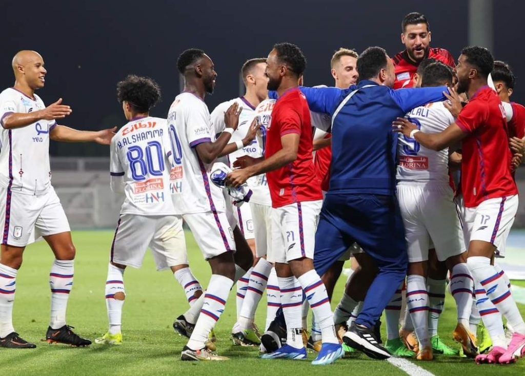 Pitso Mosimane's Abha Club celebrating their goal against Al-Khaleej