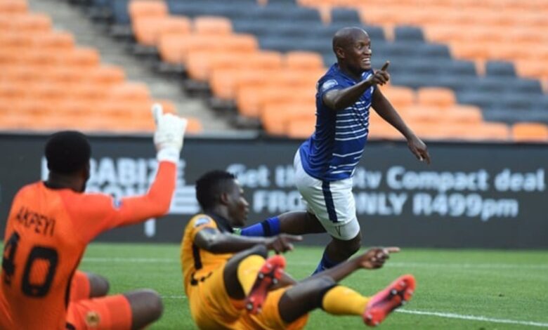 Judas Moseamedi celebrates a goal against Kaizer Chiefs