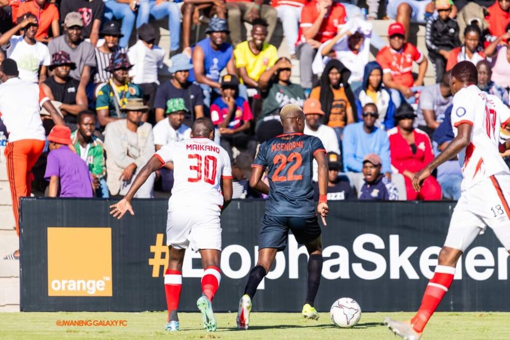 One of Morena Ramoreboli's best players at Jwaneng Galaxy, Daniel Msendami controls the ball against Gaborone United