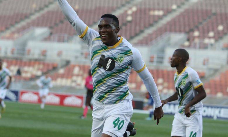 Lungelo Nguse celebrates a goal for Golden Arrows in the DStv Premiership