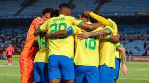 Mamelodi Sundowns players celebrate a victory in the DStv Premiership