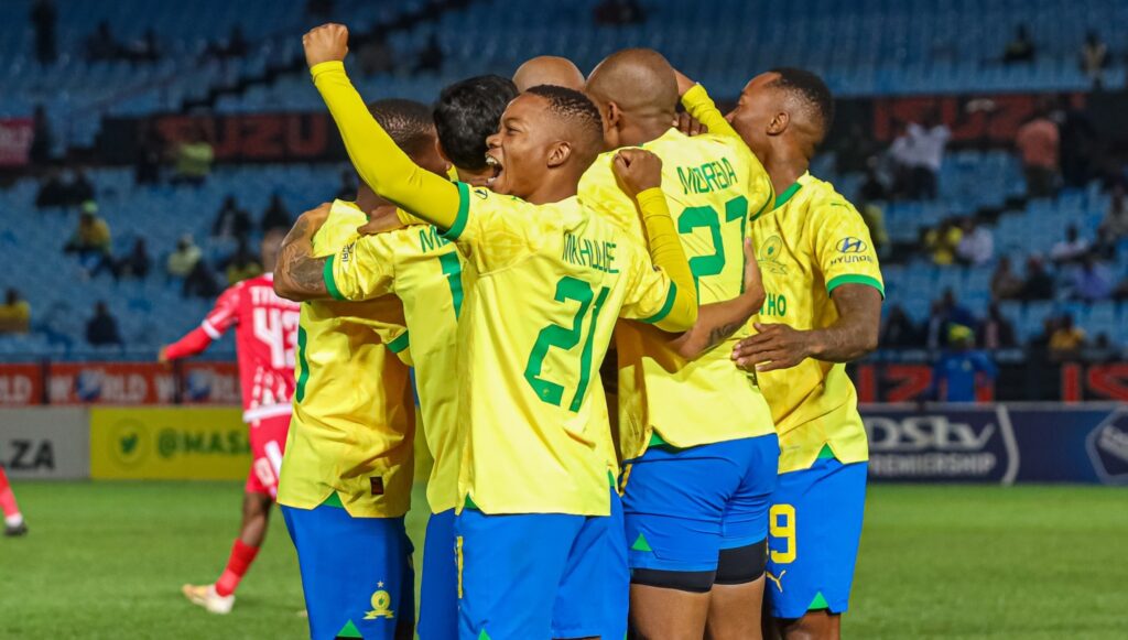 Mamelodi Sundowns players celebrating a goal in the league