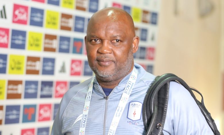 Celebrated South African coach Pitso Mosimane arrives for Abha Club's match against Al Hazm