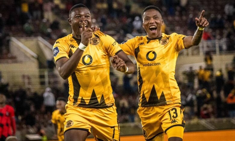 Ranga Chivaviro of Kaizer Chiefs celebrating a goal with his teammate