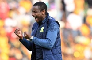 Rulani Mokwena celebrating on the sidelines during Mamelodi Sundowns match